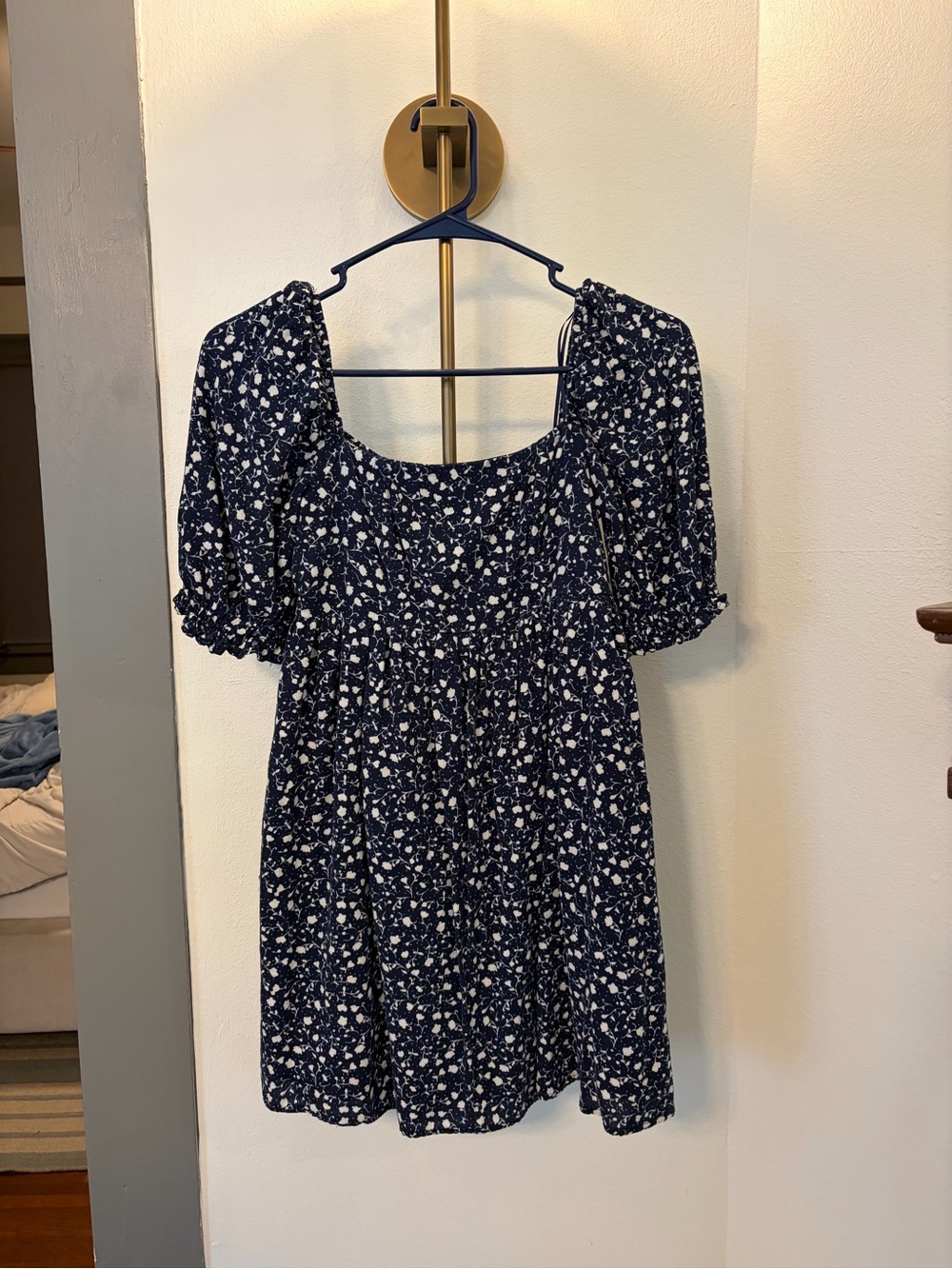 Mi Ami Navy Blue Floral Midi Dress with Puff Sleeves